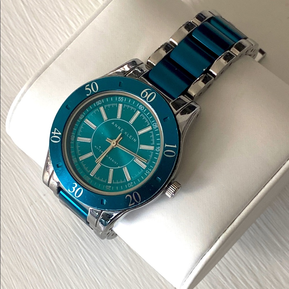 Anne Klein Teal Blue Dial & Enamel Link Silver Tone Sport Bracelet Watch - Picture 8 of 16
